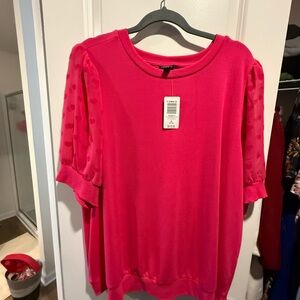 Torrid Vibrant Pink Blouse with Sheer Polka Dot Sleeves